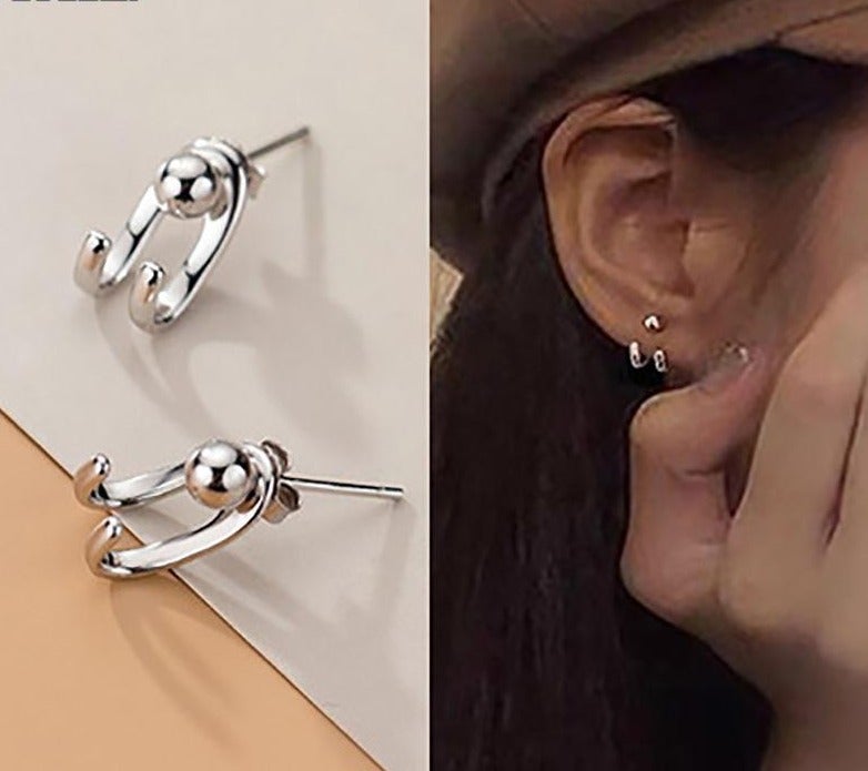 925 Sterling Silver Double Hook Beads Stud Earrings